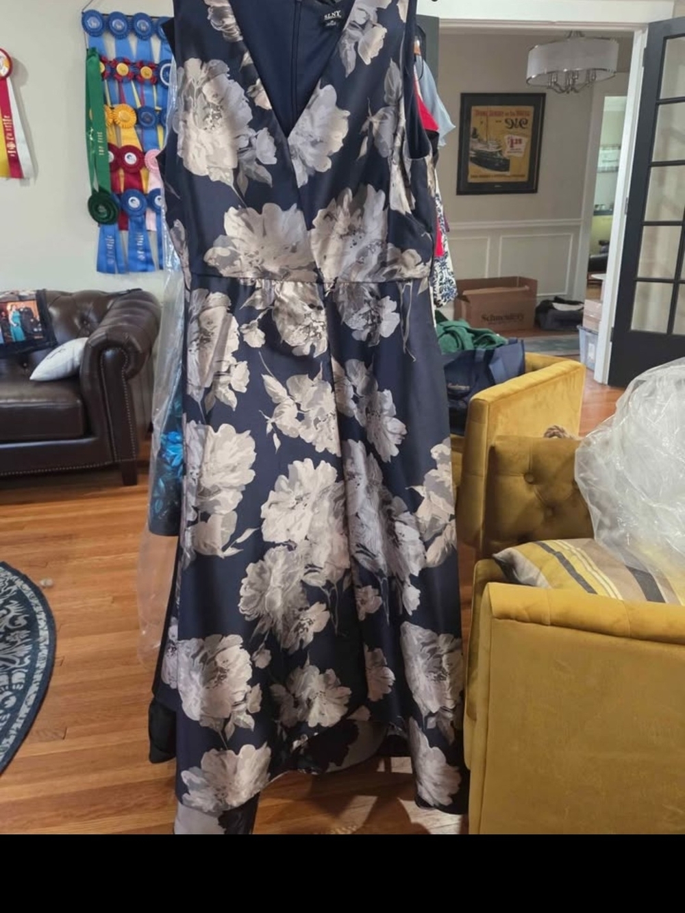 SLNY Navy and Peach Floral Dress